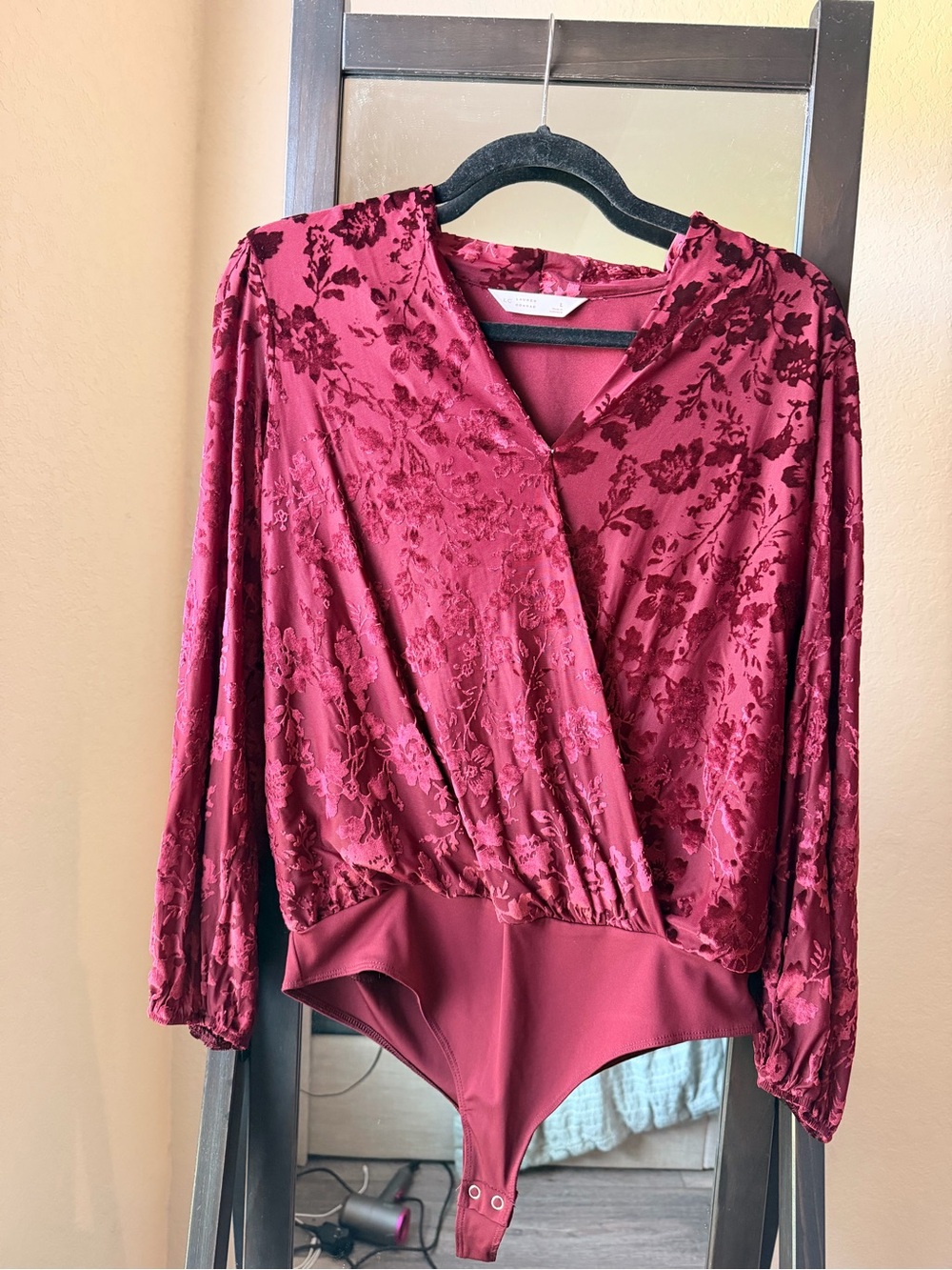 LC Lauren Conrad Velvet Floral Wrap Bodysuit - Wine